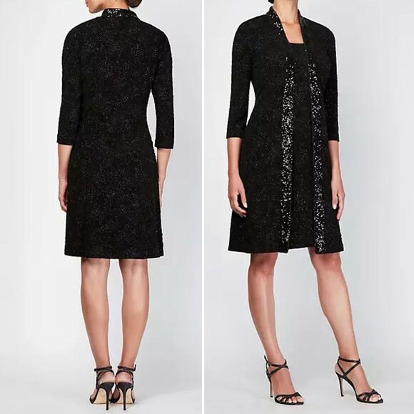 NWT Alex Evenings Midi Length Jacket Scoop Neck Dress Set Black Sequin Size 12 - Picture 3 of 15